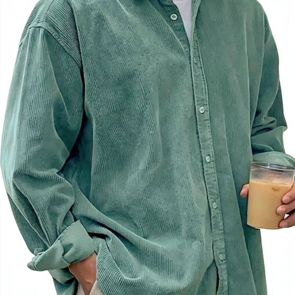Corduroy Button Up Shirt Men - เสื้อเชิ้ตผ้าลูกฟูกแขนยาวสำหรับผู้ชาย สไตล์ลำลอง ทรงหลวม ติดกระดุม แฟชั่นฤดูใบไม้ผลิและฤดูใบไม้ร่วง สีพื้น