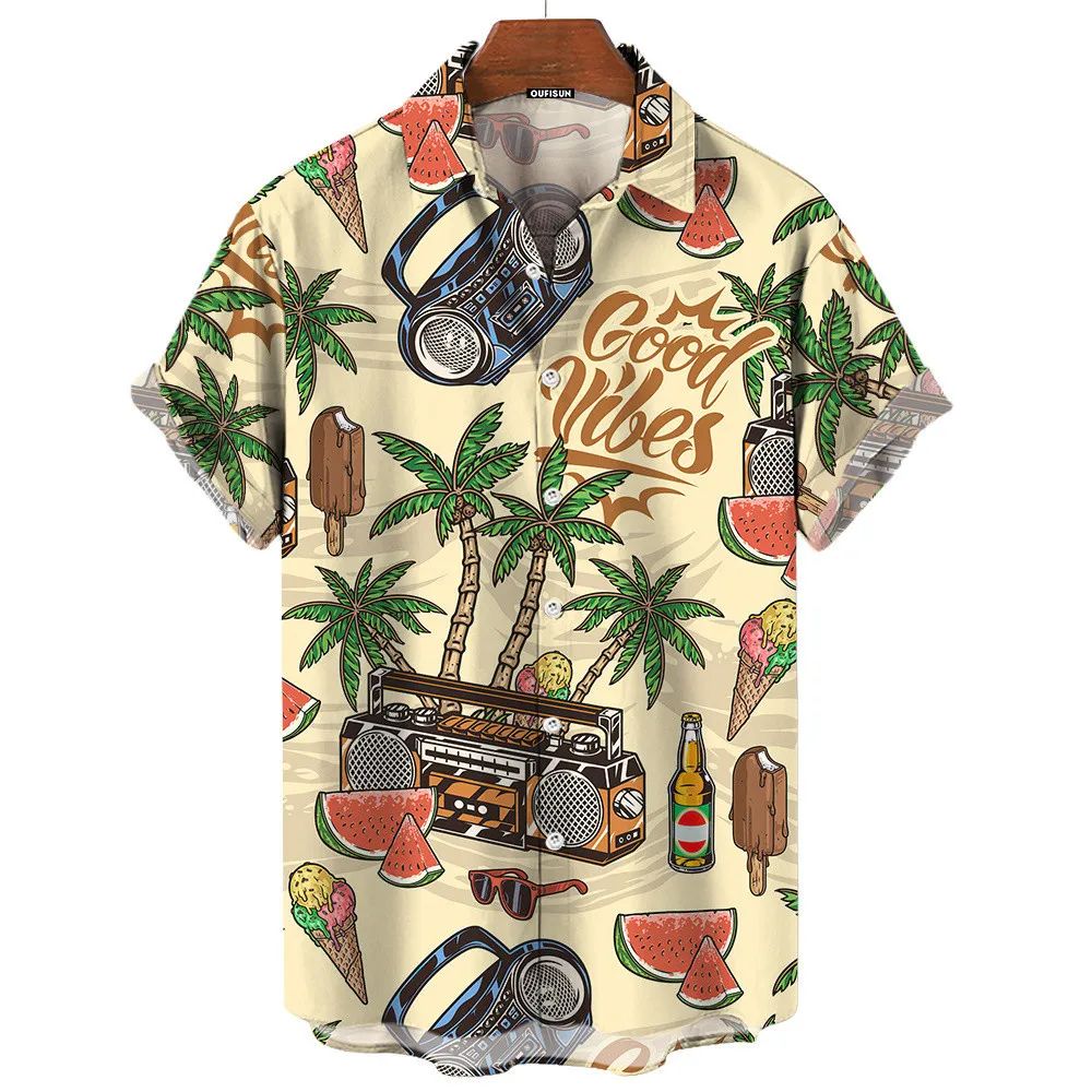 Vintage Hawaiian Floral Shirt - เสื้อเชิ้ตฮาวายสไตล์เรโทรสำหรับผู้ชาย แขนสั้น คอปก ติดกระดุม เหมาะสำหรับวันหยุดพักผ่อนริมชายหาด ท่องเที่ยว