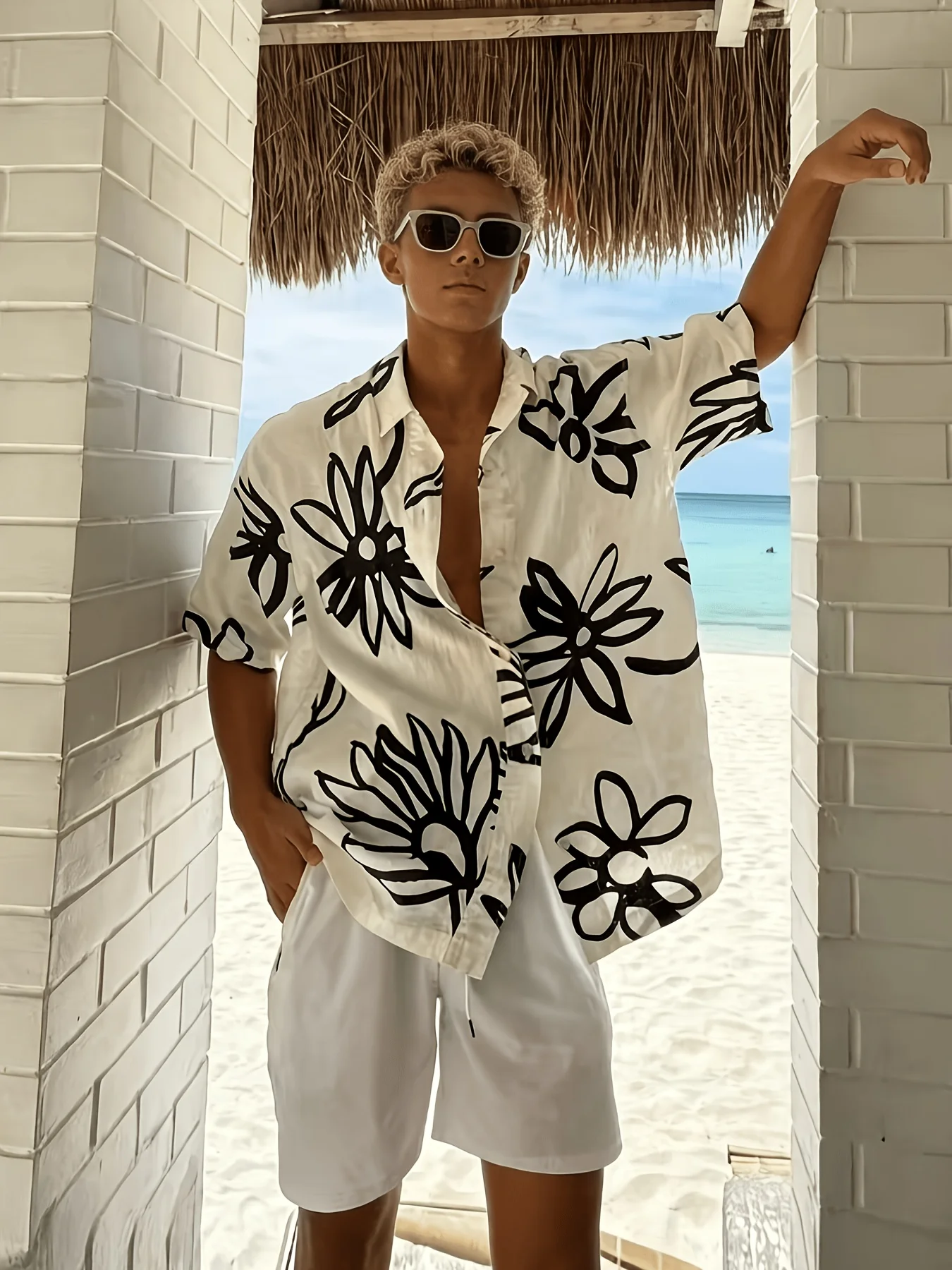 Vintage Hawaiian Floral Shirt - เสื้อเชิ้ตฮาวายโอเวอร์ไซส์ลายดอกไม้สีดำ แขนสั้น สำหรับชายหาดและวันหยุดพักผ่อน ติดกระดุม