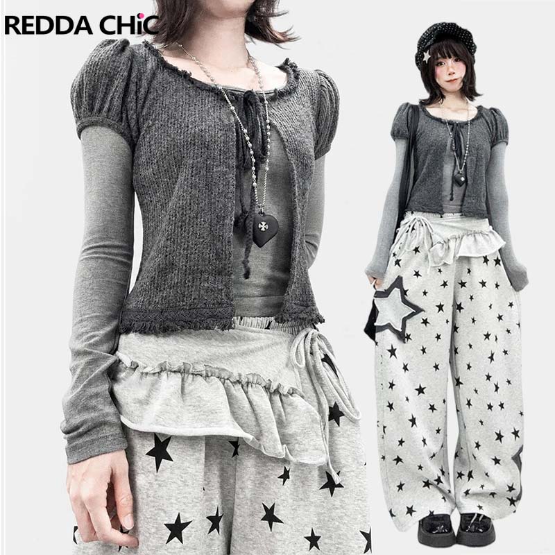 T-Shirts - REDDACHiC เสื้อคาร์ดิแกนแขนพอง ชุดสองชิ้นสำหรับผู้หญิง สไตล์เกาหลี สีเทา ดีไซน์ผ้ารัดรูป