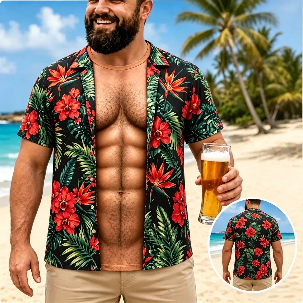 Vintage Hawaiian Floral Shirt - เสื้อเชิ้ตฮาวายสำหรับผู้ชาย แขนสั้น กระดุมด้านหน้า ลายดอกไม้เขตร้อน เหมาะสำหรับใส่ไปเที่ยวชายหาด วันหยุดพักผ่อน