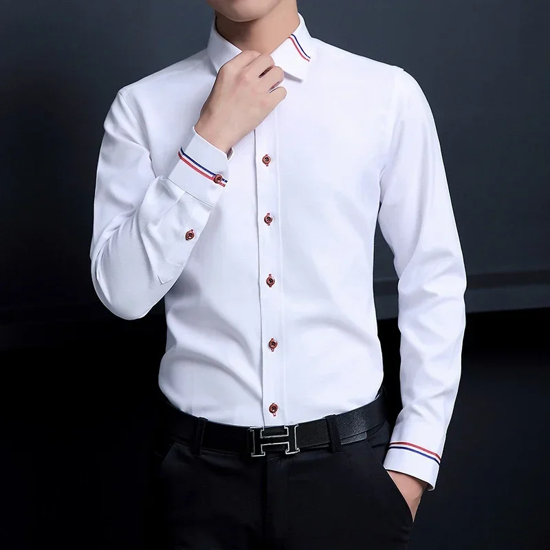 Oxford Cotton Casual Shirt Business - เสื้อเชิ้ตผู้ชายสไตล์เกาหลี ผ้าอ็อกซ์ฟอร์ด แขนยาว สีพื้น ไม่ต้องรีด เหมาะสำหรับใส่ทำงานและลำลอง