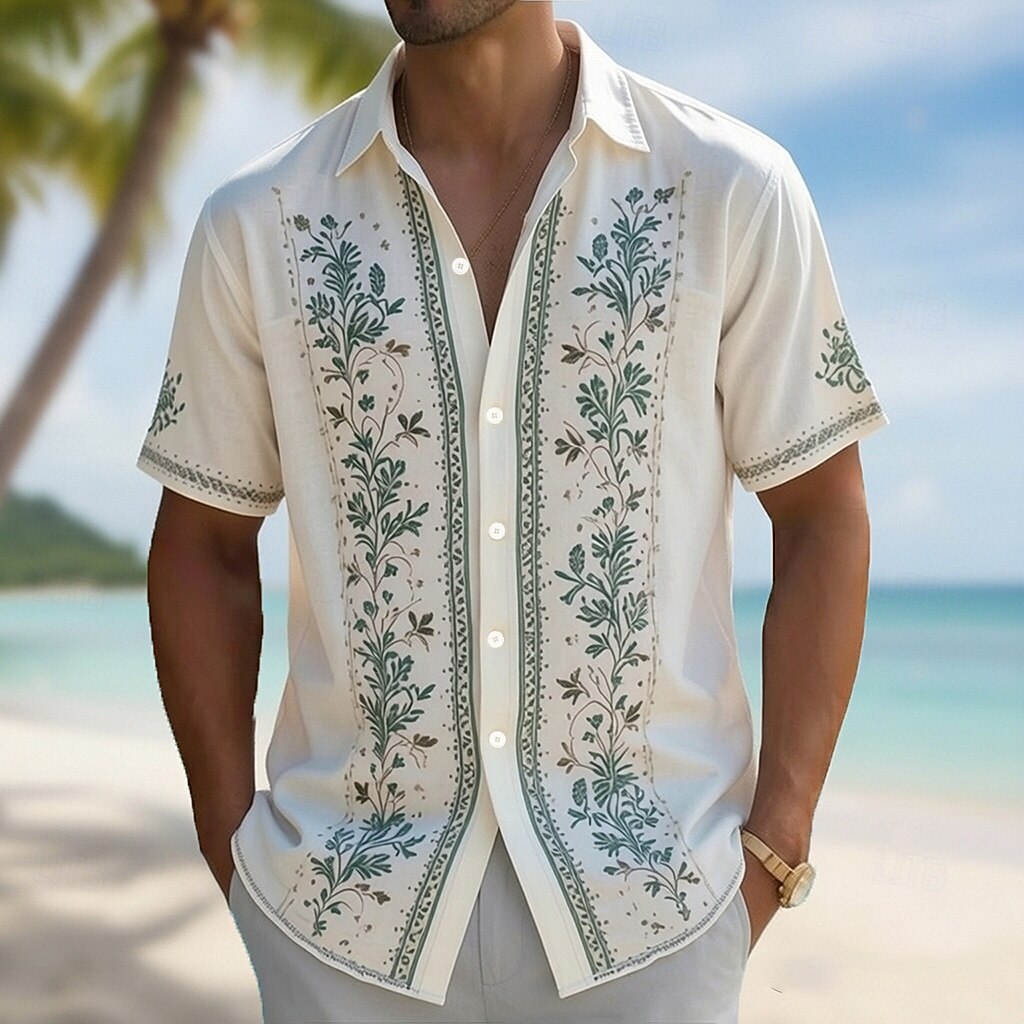 Vintage Hawaiian Floral Shirt - เสื้อเชิ้ตฮาวายพิมพ์ลาย 3 มิติ ปกคอปกสำหรับผู้ชาย ลายดอกไม้เขตร้อน กัวยาเบรา
