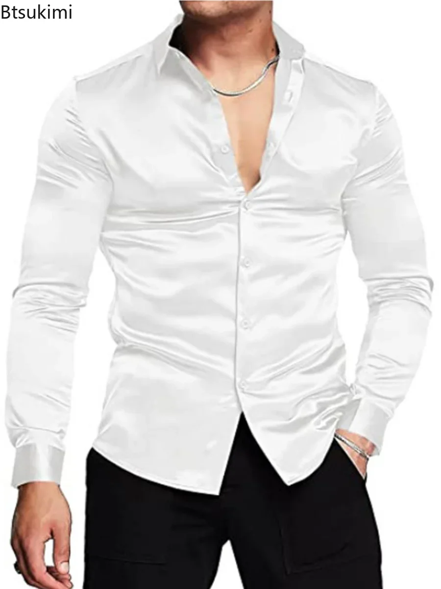 Mens Satin Silk Dress Shirt - เสื้อเชิ้ตผ้าซาตินไหมเงาหรูหราสำหรับผู้ชายรุ่นใหม่ปี 2026 แขนยาว สไตล์ลำลอง ทรงเข้ารูป กระดุมหน้า
