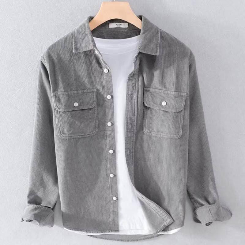 Corduroy Button Up Shirt Men - เสื้อเชิ้ตผ้าคอร์ดูรอยสำหรับผู้ชาย สีพื้น แขนยาว สไตล์ลำลอง ติดกระดุม ทรงหลวมสไตล์วินเทจญี่ปุ่น