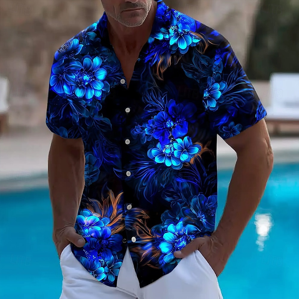 ผู้ชายพิมพ์ลายดอกไม้ Neon GLOW - Vintage Hawaiian Floral Shirt บทวิจารณ์และราคา