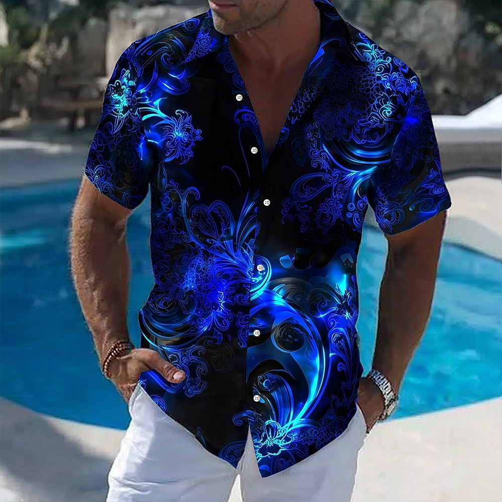 ผู้ชายพิมพ์ลายดอกไม้ Neon GLOW - Vintage Hawaiian Floral Shirt บทวิจารณ์และราคา