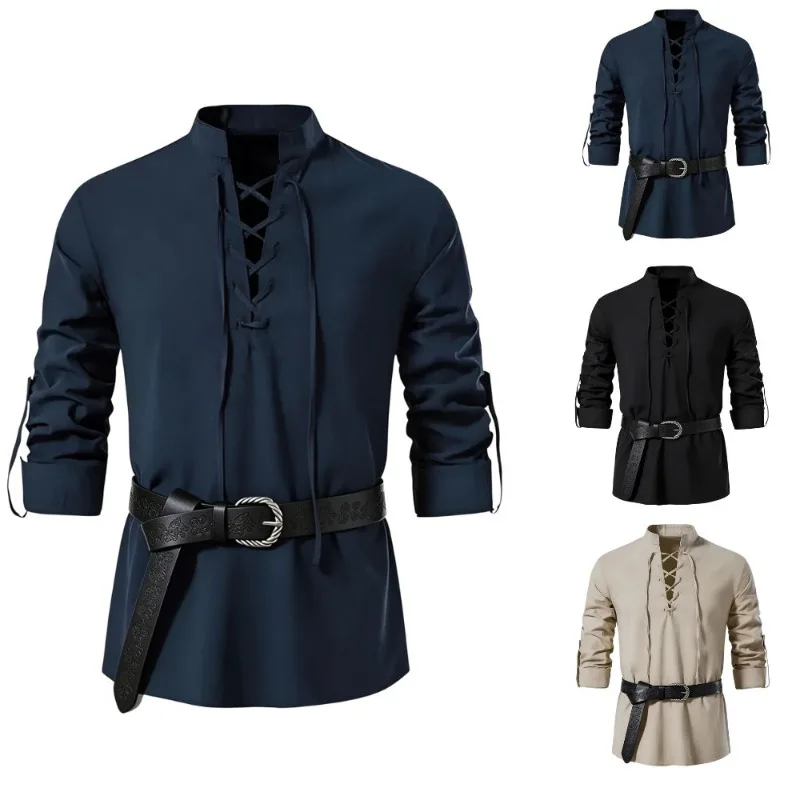 เสื้อเชิ้ตผู้ชายสไตล์ไวกิ้งยุค - Medieval Gothic Lace Up Pirate Shirt บทวิจารณ์และราคา
