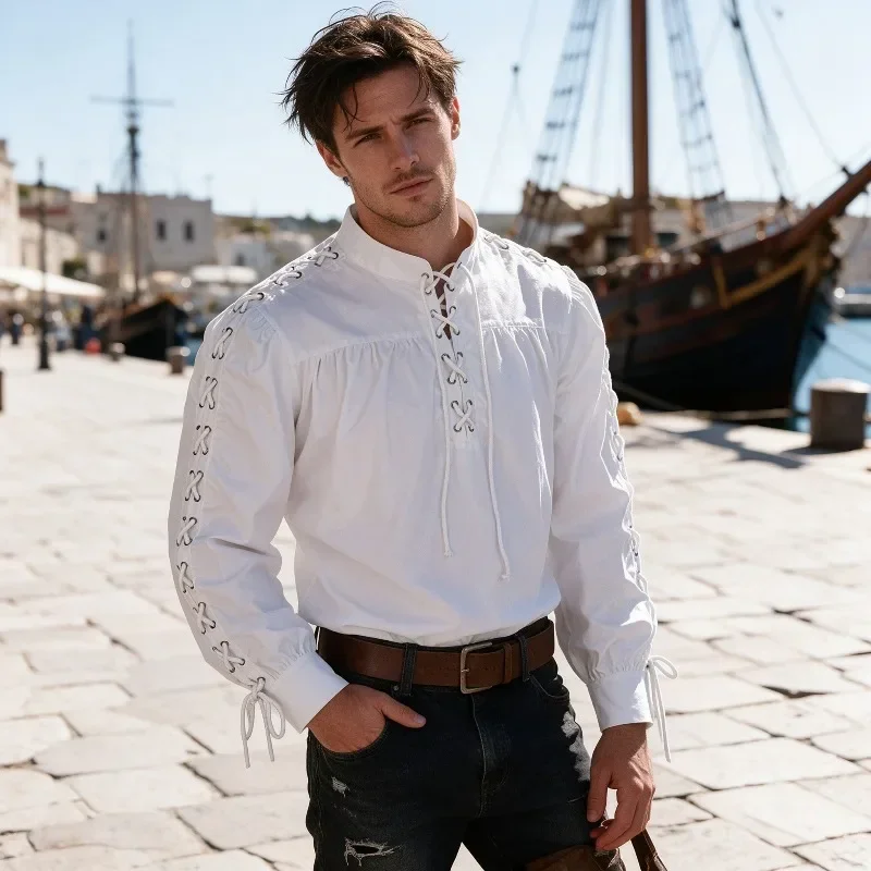 เสื้อผู้ชายสไตล์โจรสลัดยุคกลาง - Medieval Gothic Lace Up Pirate Shirt บทวิจารณ์และราคา