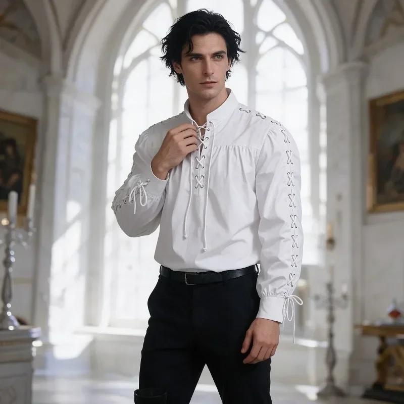 เสื้อผู้ชายสไตล์โจรสลัดยุคกลาง - Medieval Gothic Lace Up Pirate Shirt บทวิจารณ์และราคา