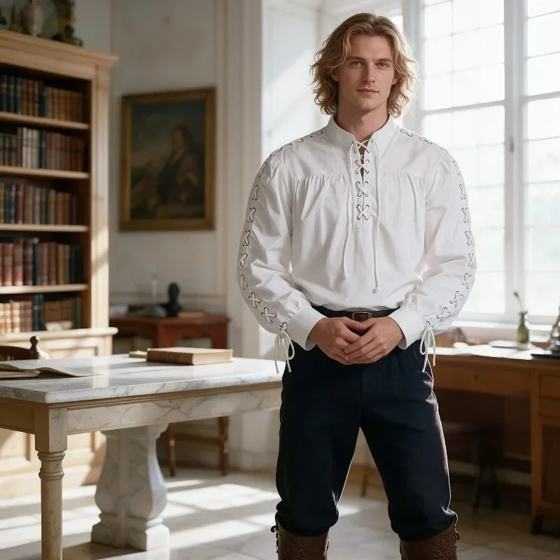 เสื้อผู้ชายสไตล์โจรสลัดยุคกลาง - Medieval Gothic Lace Up Pirate Shirt บทวิจารณ์และราคา