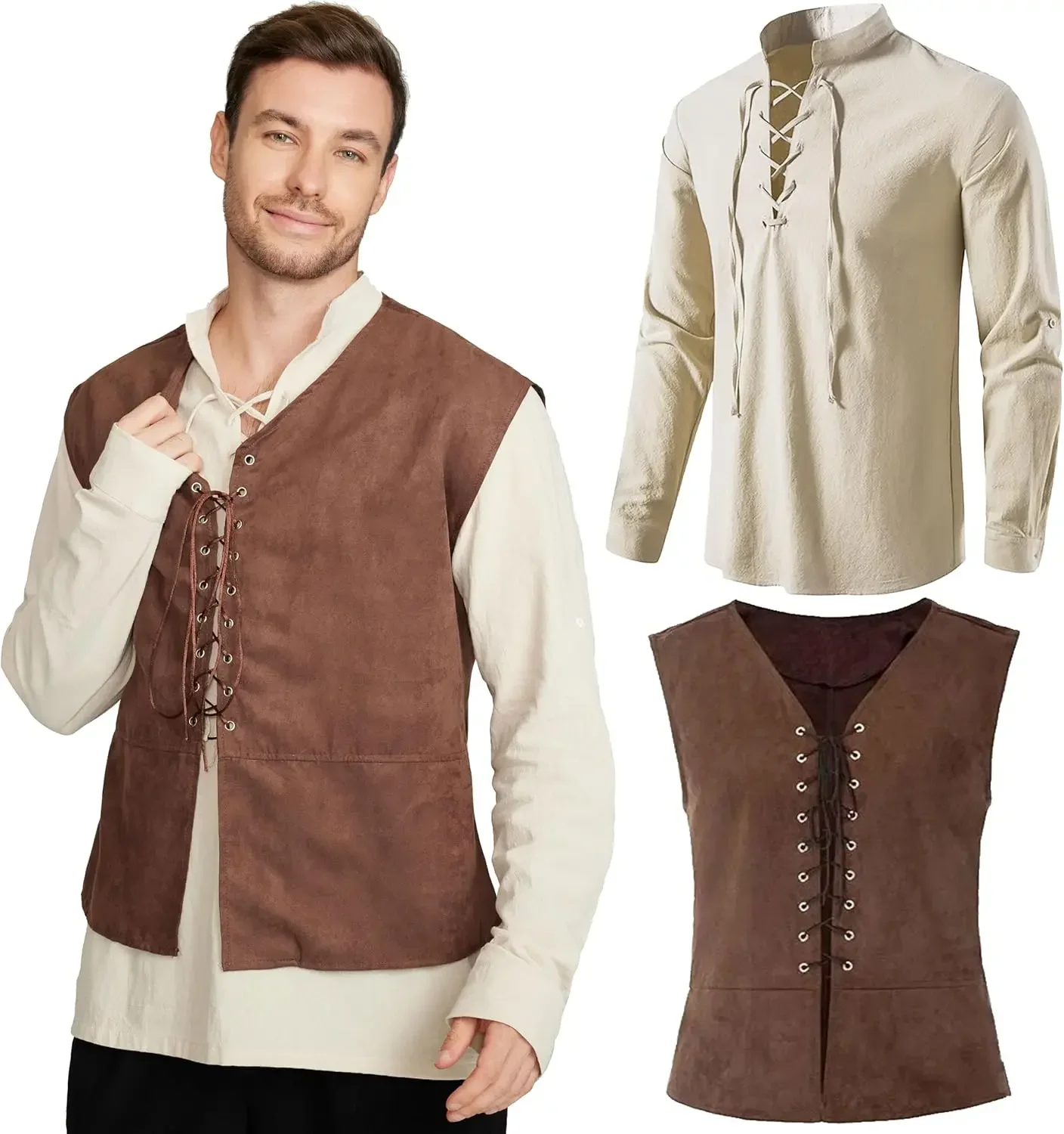 ชุด 2 ชิ้น เสื้อกั๊กโจรสลัดยุค - Medieval Gothic Lace Up Pirate Shirt บทวิจารณ์และราคา